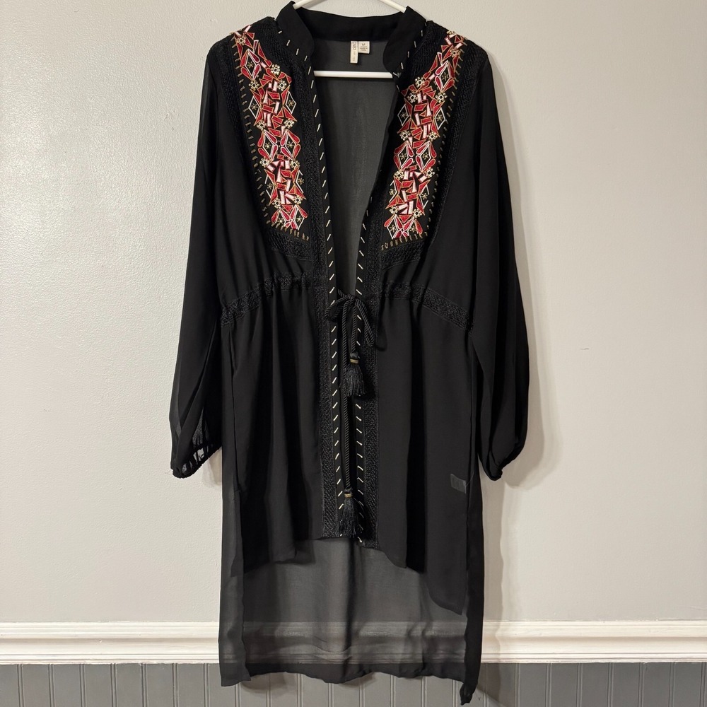 CATO M Black Sheer Beach Swimsuit Cover up Tassel Tie Duster Boho Kimono Classy